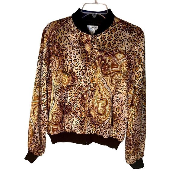 Vintage Allison Taylor 100% Silk Cheetah Print Bomber Jacket Women's Size Large - Picture 1 of 7